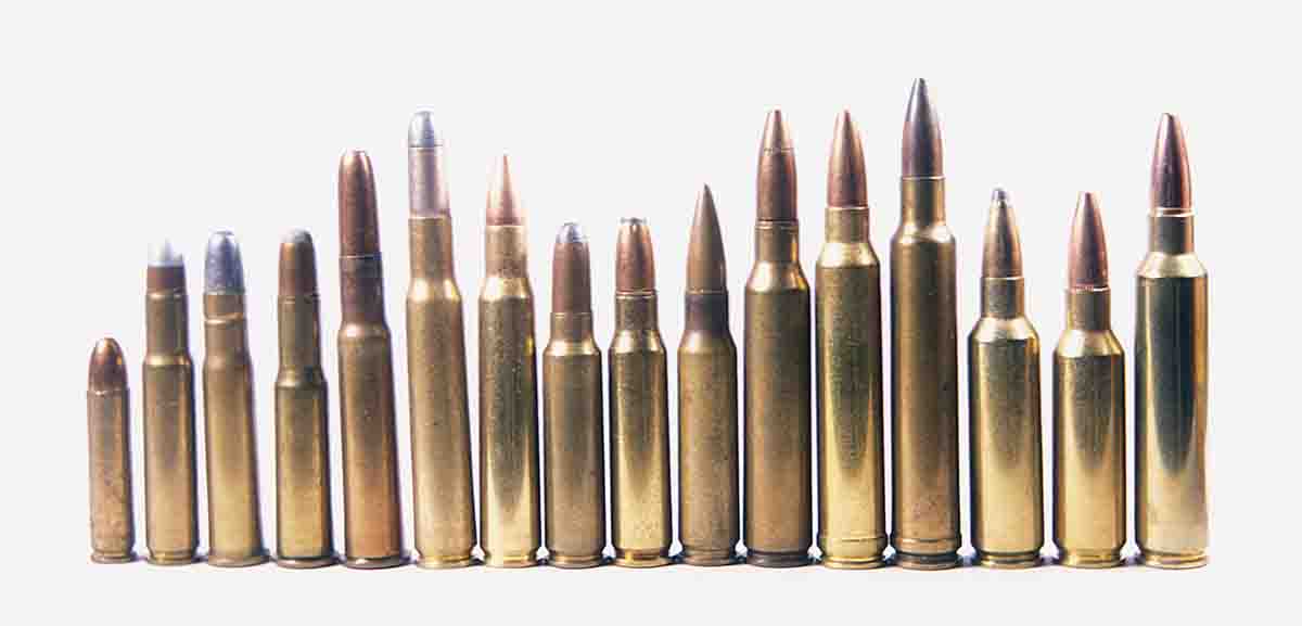 American .30-caliber smokeless powder cartridges include (left to right): the .30 Carbine, .30 Remington, .30-30 Winchester, .303 Savage, .30-40 Krag, .30-03, .30-06, .300 Savage, .307 Winchester, .308 Winchester, .30 Newton, .300 Winchester Magnum, .300 Weatherby Magnum, .300 Winchester Short Magnum, .300 Remington Short Action Ultra Mag and .300 Dakota.
